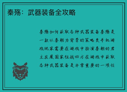 秦殇：武器装备全攻略